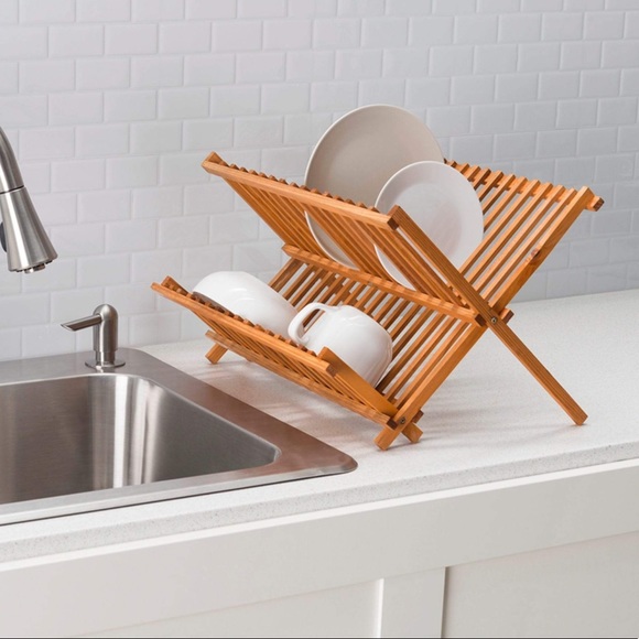 Dish Drying Rack 2-Tier Collapsible Kitchen Storage Pine Wood - Picture 2 of 5